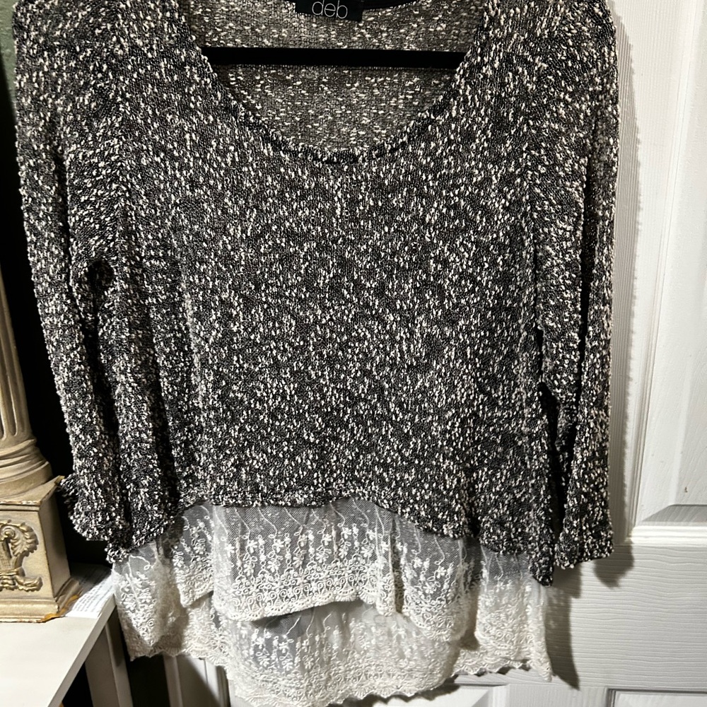 T.164 Deb Speckled Sheer Blouse with Lace Trim